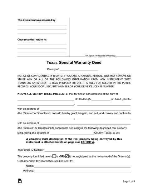 Texas Free Blank Warranty Deed Form Template