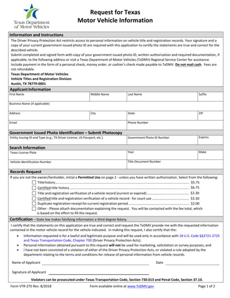 Texas Motor Vehicle Information Form Vtr 275 Request