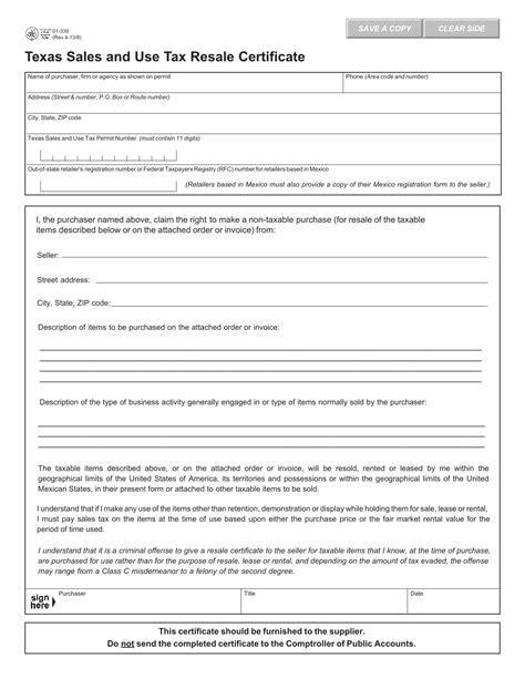 Texas Sales And Use Tax Resale Certificate Form