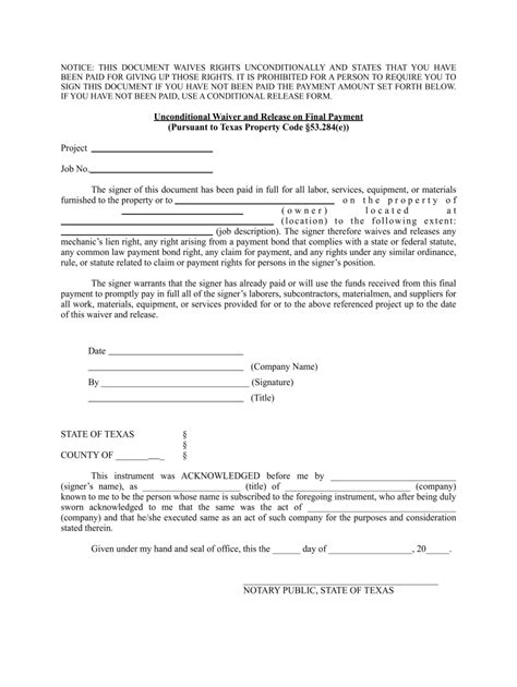 Texas Unconditional Lien Release Form Made Easy