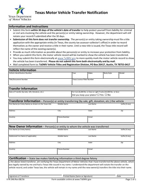 Understanding Form Vtr-346: A Texas Vehicle Title Transfer Guide