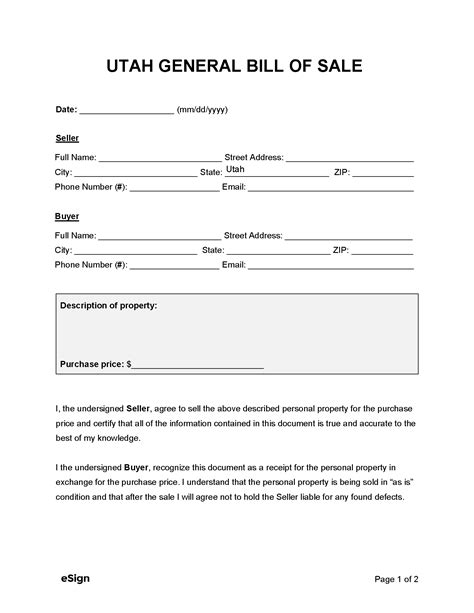 Utah Bill Of Sale Form Template And Guide