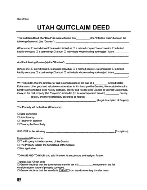 Utah Free Quit Claim Deed Form Download Template