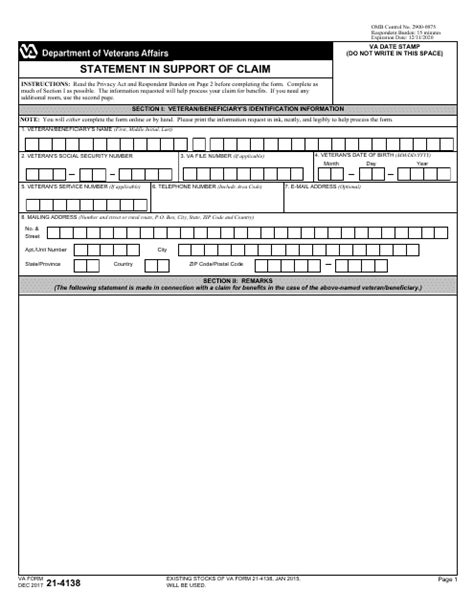 Va Form 21-4138: Statement In Support Of Claim