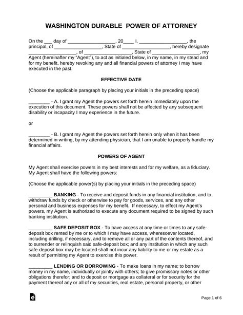 Washington State Durable Power Of Attorney Free Printable Form