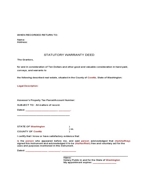 Washington State Statutory Warranty Deed Form Guide