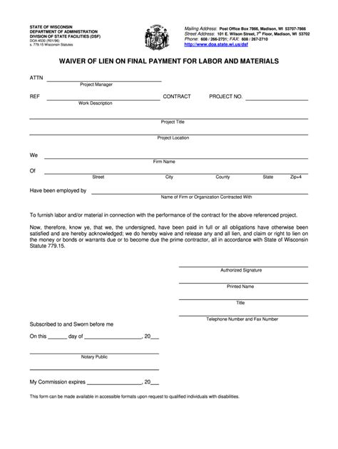 Wisconsin Lien Waiver Form: Download And Fill Out Easily