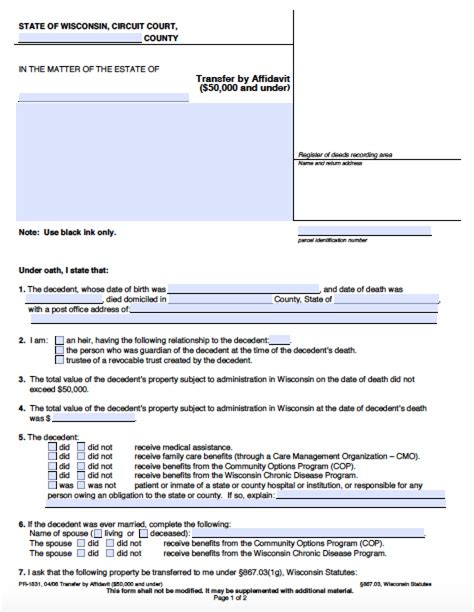 Wisconsin Small Estate Affidavit Form: Simplify Inheritance